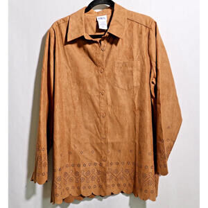 VTG Faux Suede Laser Cut Brown Button Up‎ Western Top Shacket Rodeo Cowgirl XL